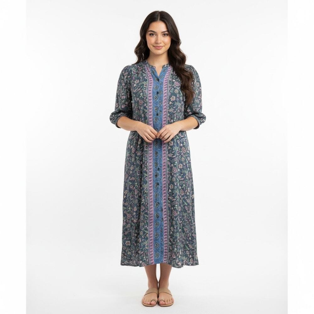 Lucky Brand Floral Midi Dress Boho Button Front Short Sleeve XS Festival Resort